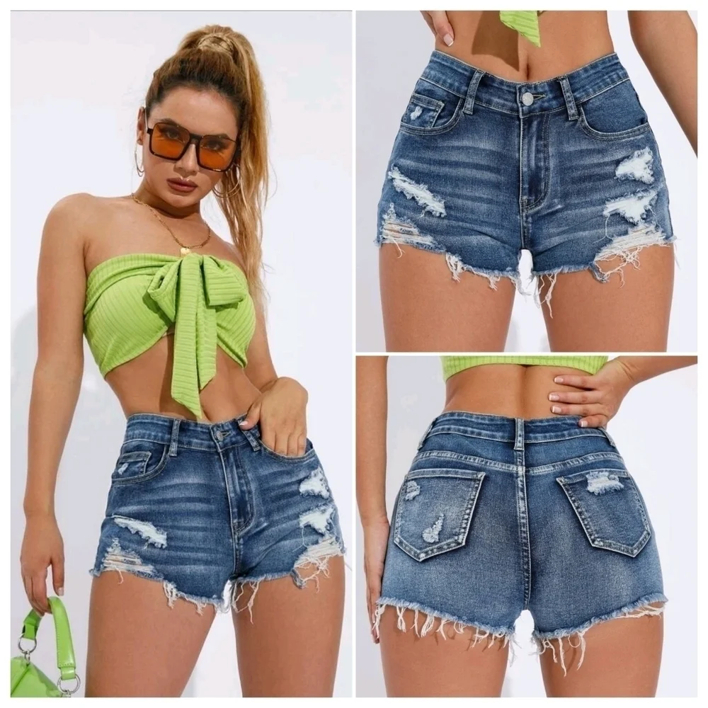 SHEIN Distressed Raw Frayed Hem Stretchy Denim Shorts